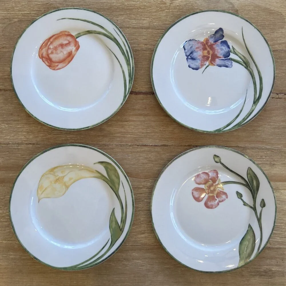 Pier 1 Floral Salad Dessert Plates 7 1/2” Porcelain Assorted Flowers Watercolor